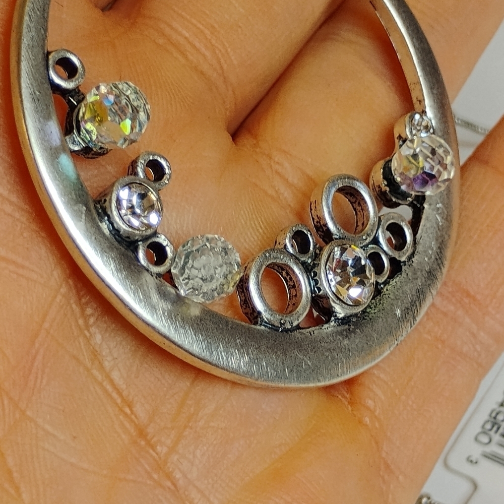 Macy's Sliver Tone Textured Necklace & AB Crystal Pendant - Picture 5 of 6